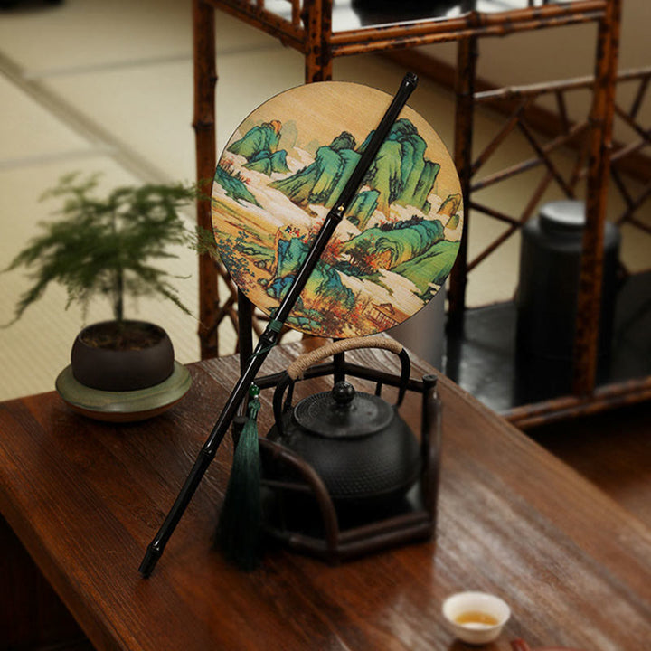 Buddha Stones Abanico Portátil Enrollable de Mango Largo hecho a Mano de Bambú con Mil Millas de Ríos y Montañas