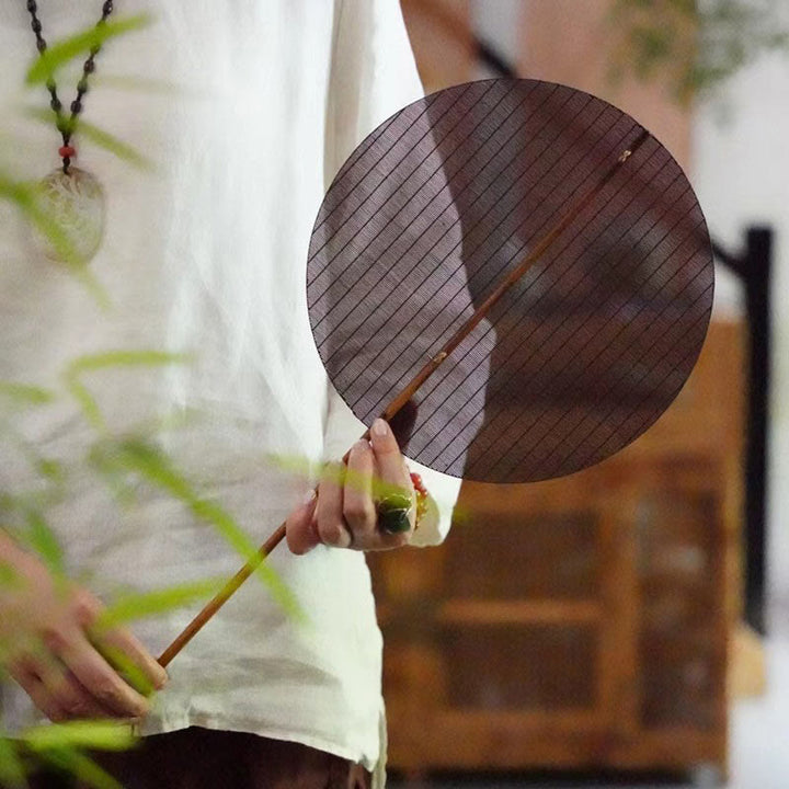 Buddha Stones Abanico de Estilo Chino Hecho a Mano con Mango Largo y Redondo de Bambú