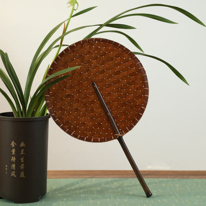 Buddha Stones estilo chino vintage abanico de mano redondo octogonal de bambú con mango largo