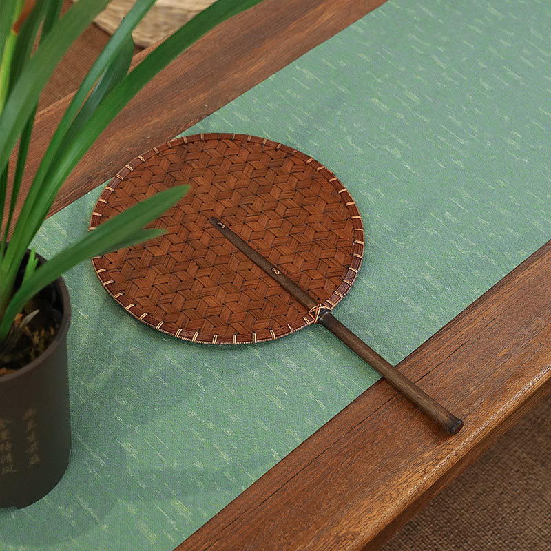 Buddha Stones estilo chino vintage abanico de mano redondo octogonal de bambú con mango largo