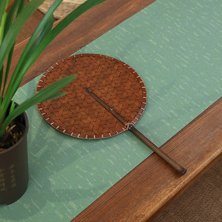 Buddha Stones estilo chino vintage abanico de mano redondo octogonal de bambú con mango largo