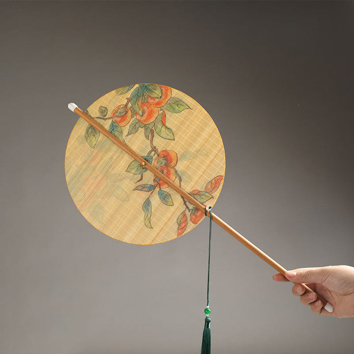 Buddha Stones Hecho a mano Pájaros Flores Caquis Fruta Peces Koi Loto Bambú Abanico portátil con mango largo y enrollable