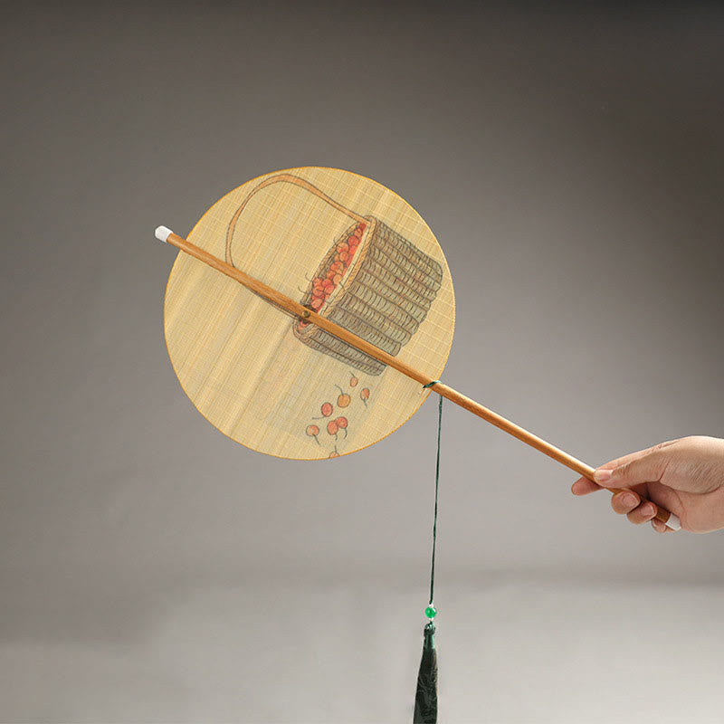 Buddha Stones Hecho a mano Pájaros Flores Caquis Fruta Peces Koi Loto Bambú Abanico portátil con mango largo y enrollable