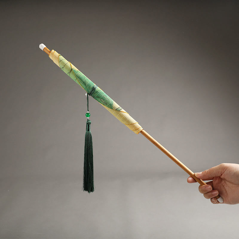 Buddha Stones Hecho a mano Pájaros Flores Caquis Fruta Peces Koi Loto Bambú Abanico portátil con mango largo y enrollable