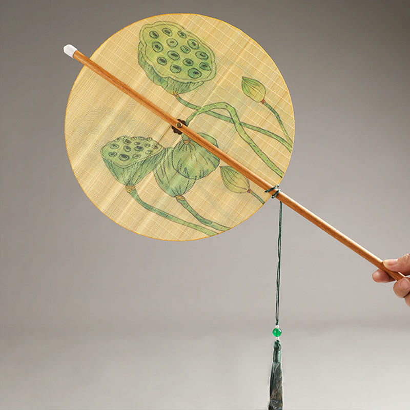 Buddha Stones Hecho a mano Pájaros Flores Caquis Fruta Peces Koi Loto Bambú Abanico portátil con mango largo y enrollable