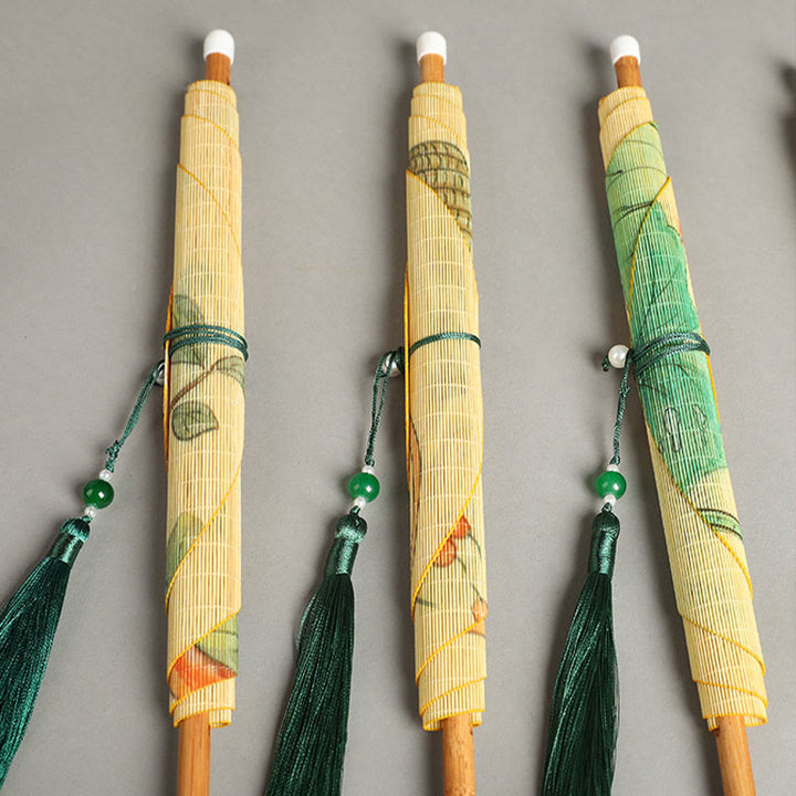 Buddha Stones Hecho a mano Pájaros Flores Caquis Fruta Peces Koi Loto Bambú Abanico portátil con mango largo y enrollable