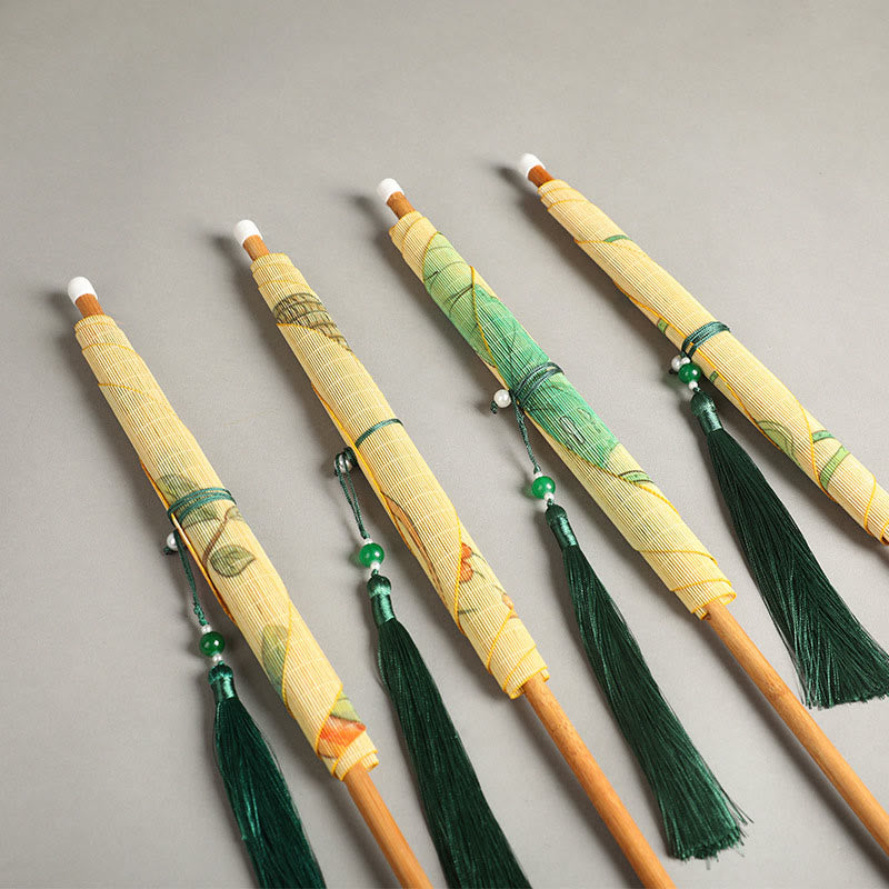 Buddha Stones Hecho a mano Pájaros Flores Caquis Fruta Peces Koi Loto Bambú Abanico portátil con mango largo y enrollable