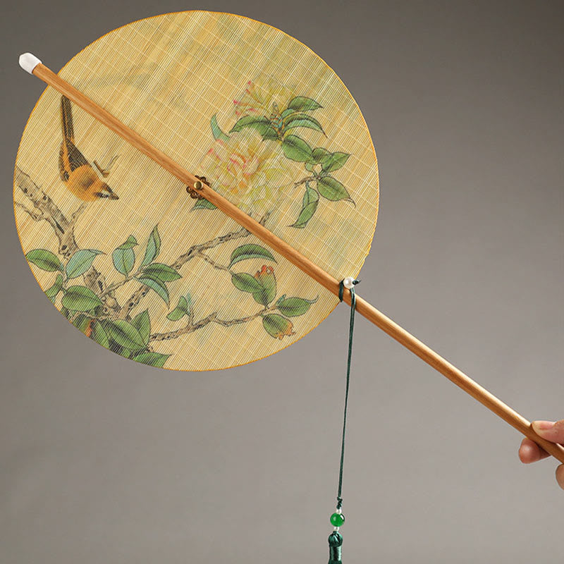 Buddha Stones Hecho a mano Pájaros Flores Caquis Fruta Peces Koi Loto Bambú Abanico portátil con mango largo y enrollable