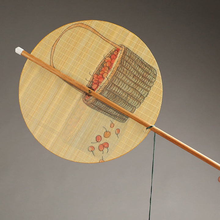 Buddha Stones Hecho a mano Pájaros Flores Caquis Fruta Peces Koi Loto Bambú Abanico portátil con mango largo y enrollable