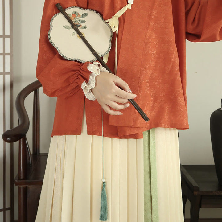 Buddha Stones Abanico portátil rizado hecho a mano con patrón de cereza, hoja de bambú y uvas, mango largo de bambú púrpura