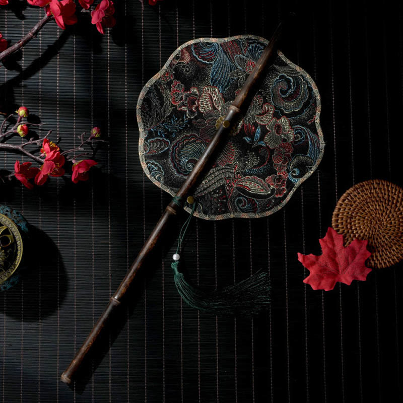 Buddha Stones Hecho a mano conchas escamas hojas patrón de Epiphyllum mango largo de bambú morado portátil abanico enrollable