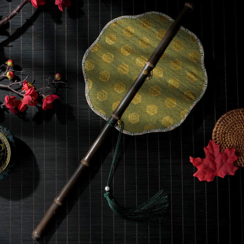 Buddha Stones Hecho a mano conchas escamas hojas patrón de Epiphyllum mango largo de bambú morado portátil abanico enrollable