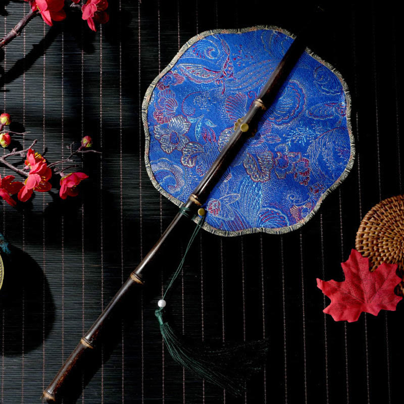 Buddha Stones Hecho a mano conchas escamas hojas patrón de Epiphyllum mango largo de bambú morado portátil abanico enrollable