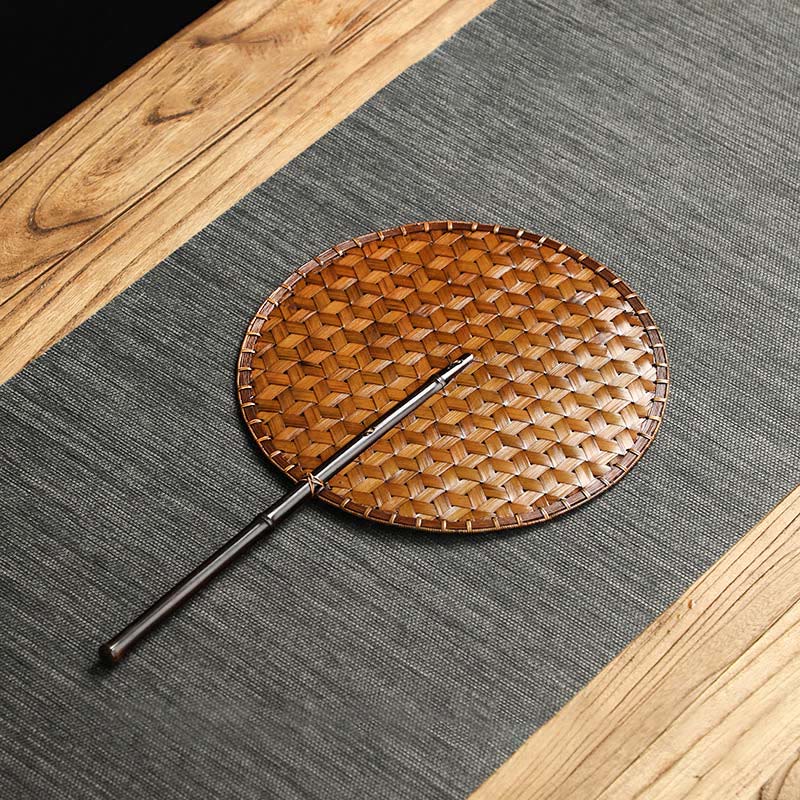 Buddha Stones Hecho a mano estilo chino abanico de bambú tejido redondo ovalado forma de plátano con mango largo