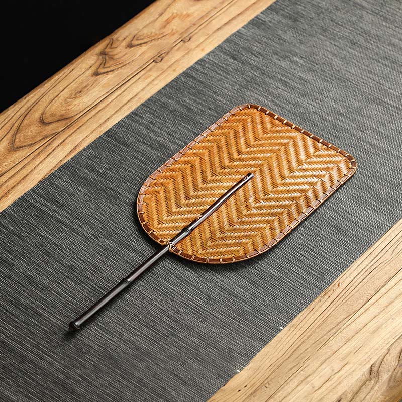 Buddha Stones Hecho a mano estilo chino abanico de bambú tejido redondo ovalado forma de plátano con mango largo