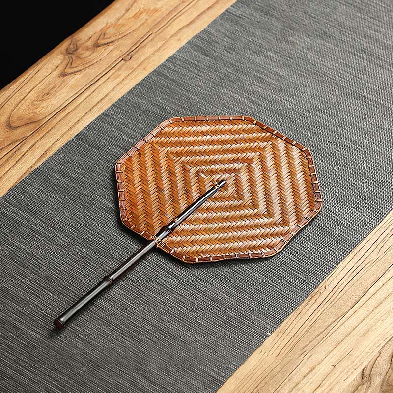 Buddha Stones Hecho a mano estilo chino abanico de bambú tejido redondo ovalado forma de plátano con mango largo