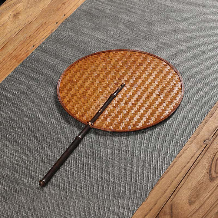 Buddha Stones Hecho a mano estilo chino abanico de bambú tejido redondo ovalado forma de plátano con mango largo