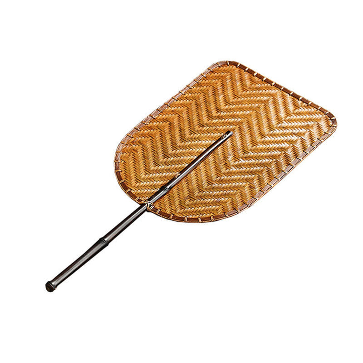 Buddha Stones Hecho a mano estilo chino abanico de bambú tejido redondo ovalado forma de plátano con mango largo