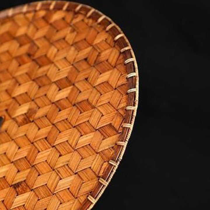 Buddha Stones Hecho a mano estilo chino abanico de bambú tejido redondo ovalado forma de plátano con mango largo