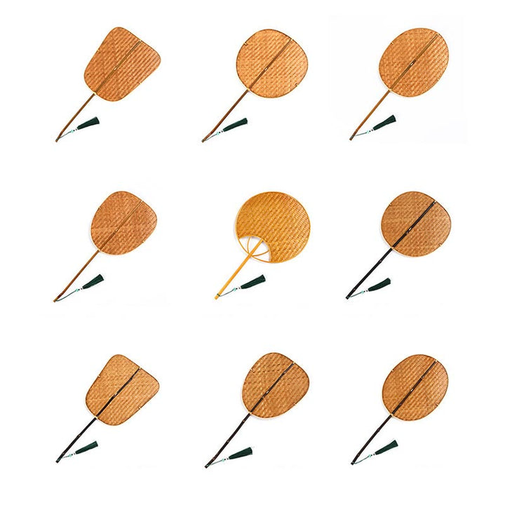 Buddha Stones, Abanico de mango largo con forma de cono, oval o redondo, hecho a mano en estilo chino y tejido en bambú