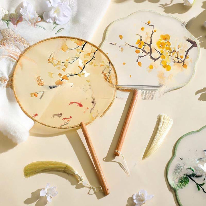 Buddha Stones Hoja de Ginkgo Pez Koi Flor de Cerezo Flores de Primavera Abanico de Mano con Mango de Madera