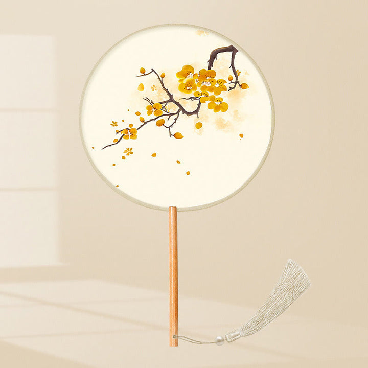 Buddha Stones Hoja de Ginkgo Pez Koi Flor de Cerezo Flores de Primavera Abanico de Mano con Mango de Madera