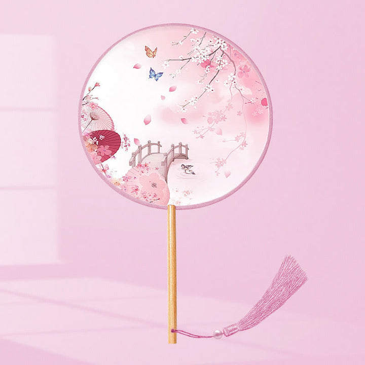 Buddha Stones Hoja de Ginkgo Pez Koi Flor de Cerezo Flores de Primavera Abanico de Mano con Mango de Madera