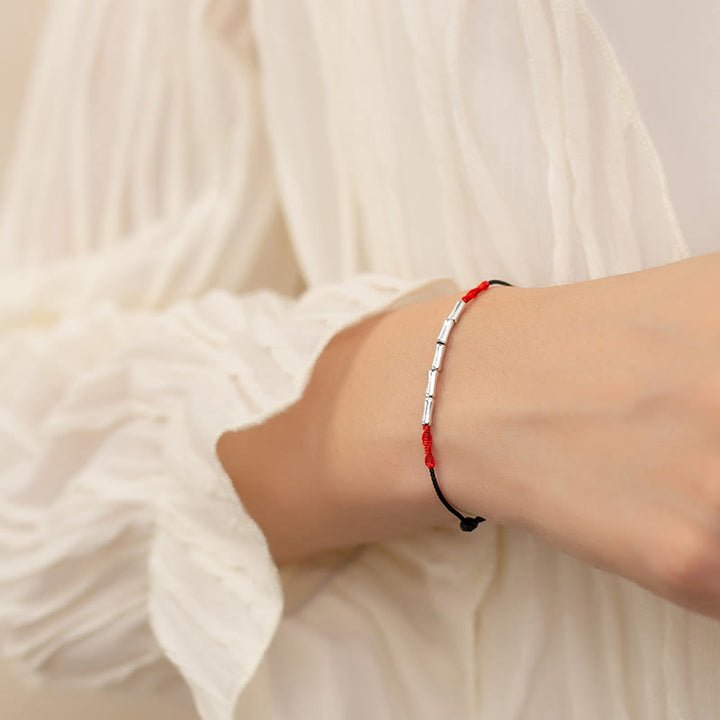 Buddha Stones Pulsera Ultradelgada de Cuerda Trenzada de Diseño de Bambú de Plata Esterlina 925 de Buena Suerte