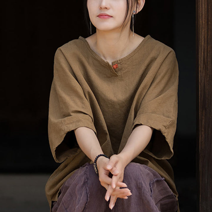 Buddha Stones Camiseta casual de media manga de ramio y algodón