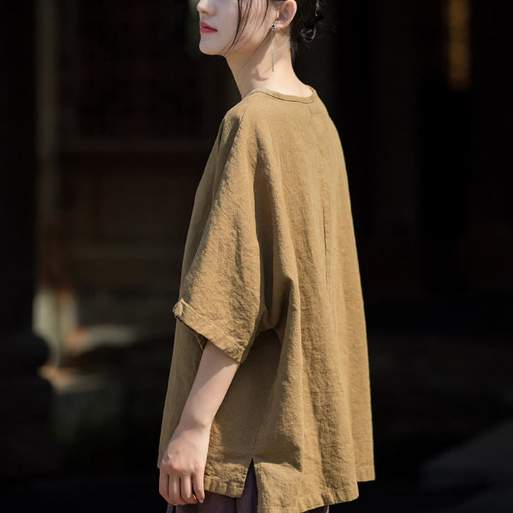 Buddha Stones Camiseta casual de media manga de ramio y algodón