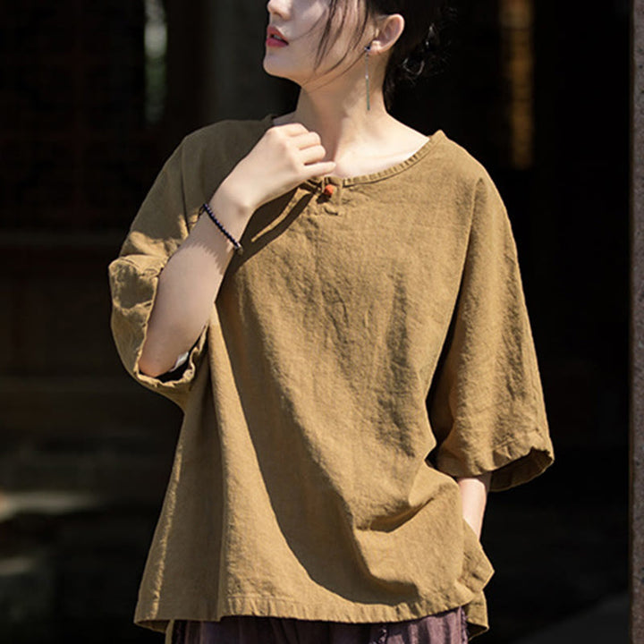 Buddha Stones Camiseta casual de media manga de ramio y algodón