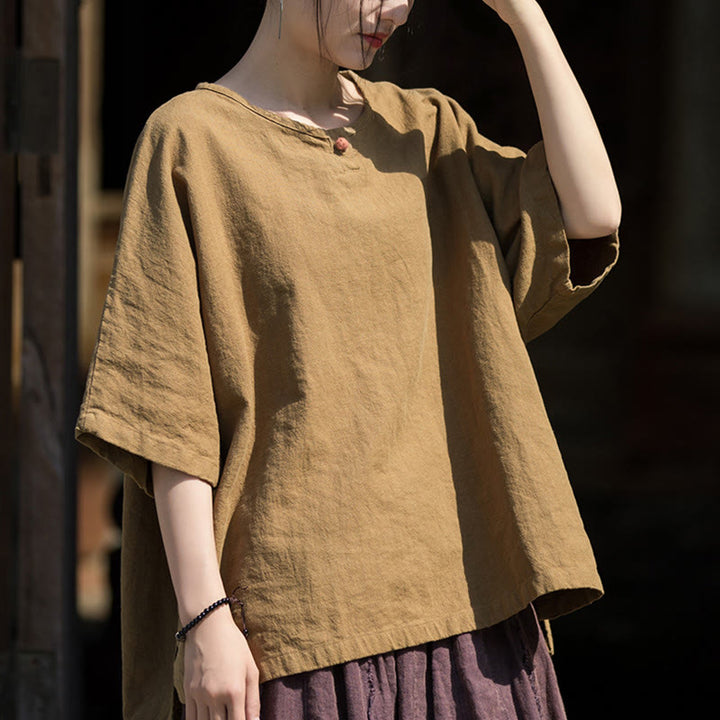 Buddha Stones Camiseta casual de media manga de ramio y algodón