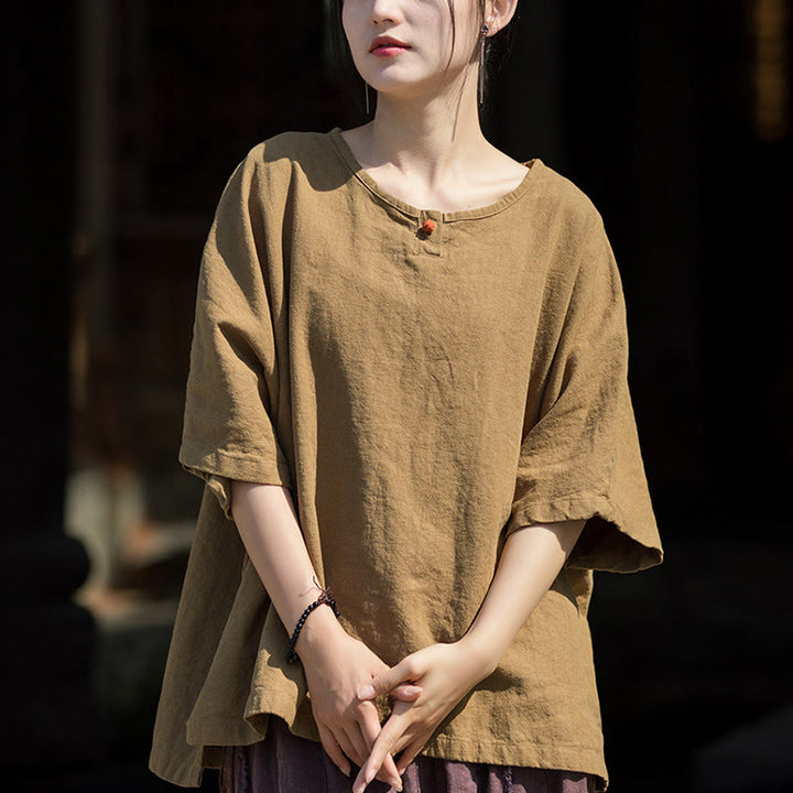 Buddha Stones Camiseta casual de media manga de ramio y algodón