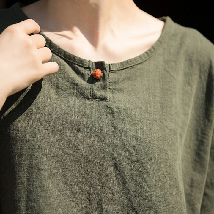 Buddha Stones Camiseta casual de media manga de ramio y algodón