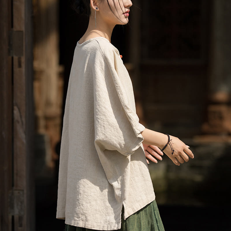 Buddha Stones Camiseta casual de media manga de ramio y algodón