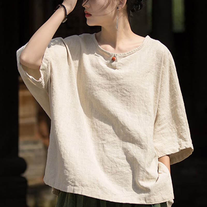 Buddha Stones Camiseta casual de media manga de ramio y algodón