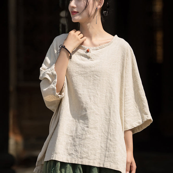 Buddha Stones Camiseta casual de media manga de ramio y algodón