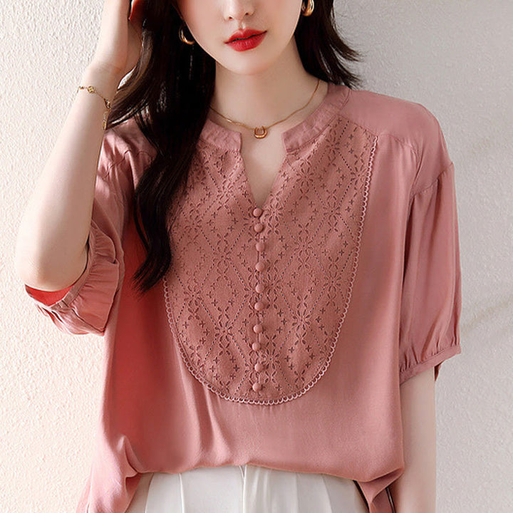 Diseño de botones rosados en forma de V de Buddha Stones, camiseta de media manga - image 14