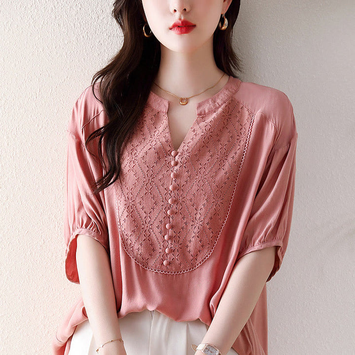 Diseño de botones rosados en forma de V de Buddha Stones, camiseta de media manga - image 12