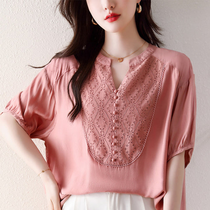 Diseño de botones rosados en forma de V de Buddha Stones, camiseta de media manga - image 13