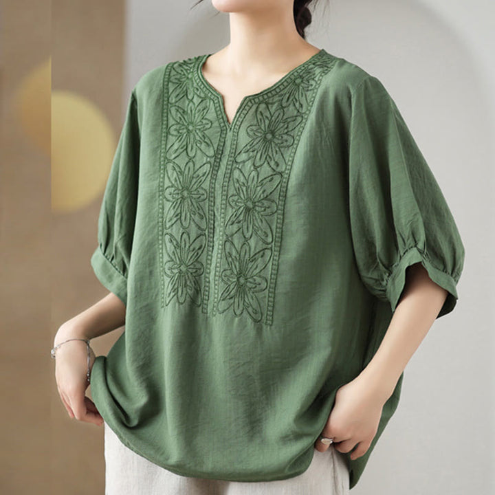 Diseño de bordado de flores de Buddha Stones, camiseta de algodón y lino de media manga - Verde mar oscuro - F (Apto para US4-6; UK/AU8-10; UE 36-38) - image 0