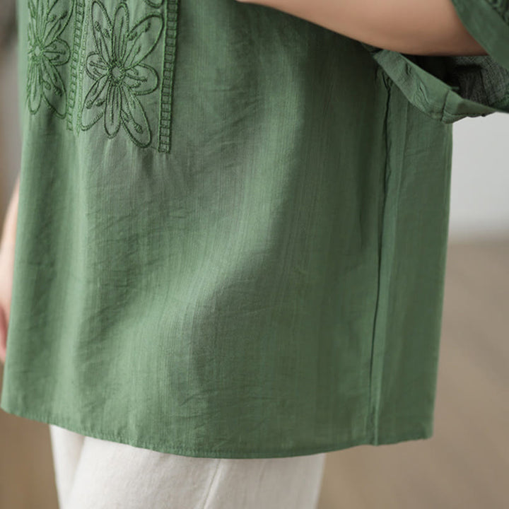 Diseño de bordado de flores de Buddha Stones, camiseta de algodón y lino de media manga - image 7