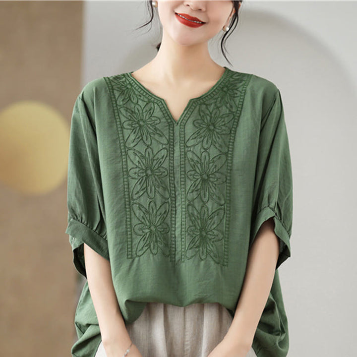 Diseño de bordado de flores de Buddha Stones, camiseta de algodón y lino de media manga - image 1