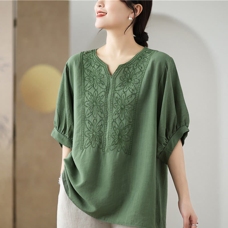 Diseño de bordado de flores de Buddha Stones, camiseta de algodón y lino de media manga - image 4