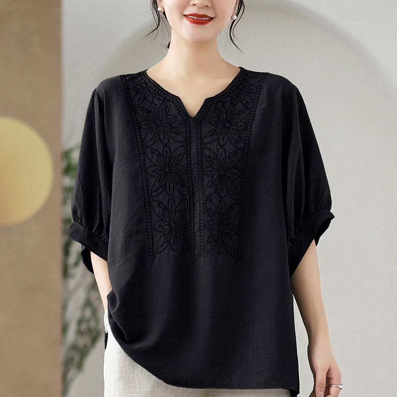 Diseño de bordado de flores de Buddha Stones, camiseta de algodón y lino de media manga - image 12