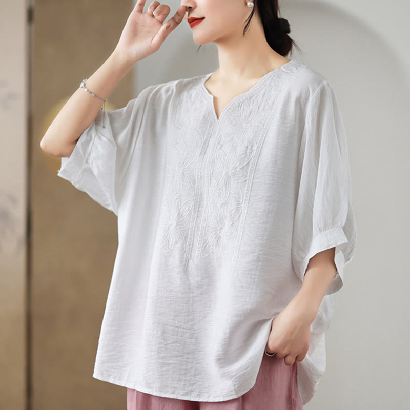 Diseño de bordado de flores de Buddha Stones, camiseta de algodón y lino de media manga - image 18