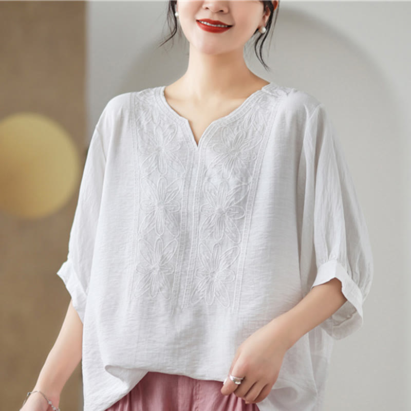 Diseño de bordado de flores de Buddha Stones, camiseta de algodón y lino de media manga - image 20