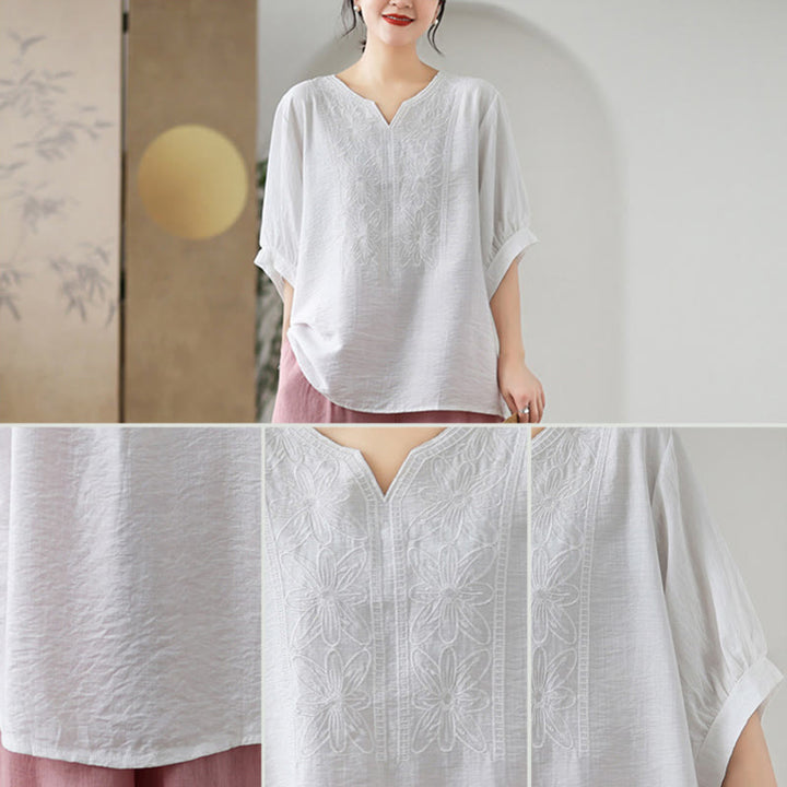 Diseño de bordado de flores de Buddha Stones, camiseta de algodón y lino de media manga - image 19