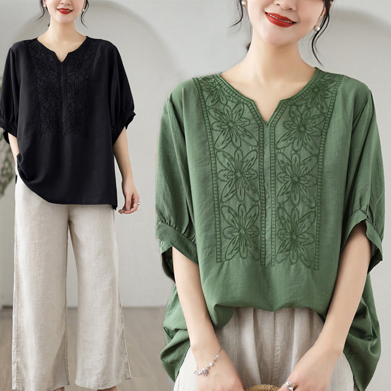 Diseño de bordado de flores de Buddha Stones, camiseta de algodón y lino de media manga - image 10