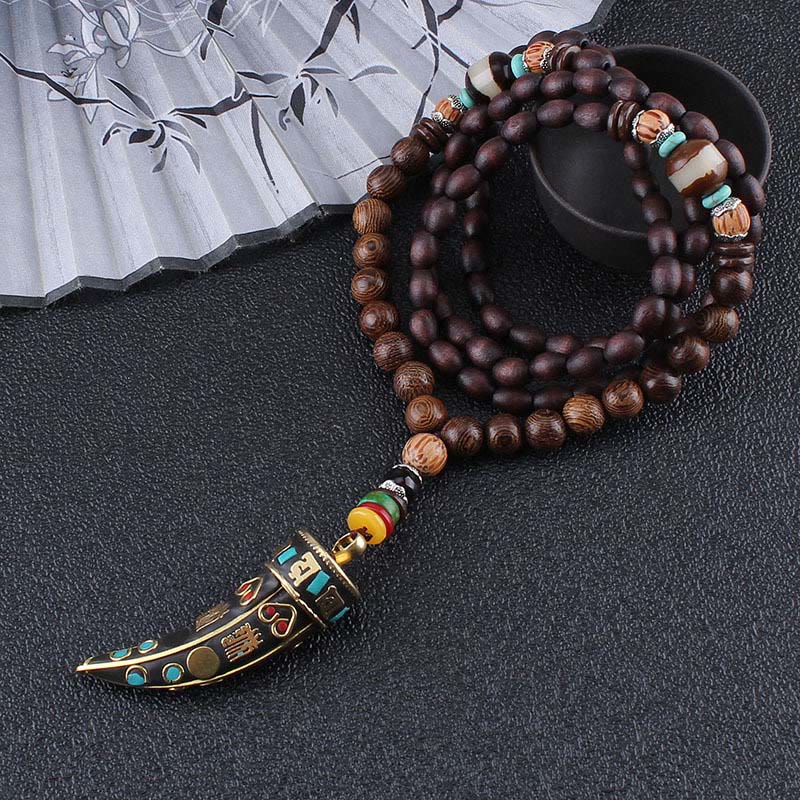 Colgante de collar con protección con diseño de cuerno de mantra con símbolo OM Om Mani Padme Hum de madera de wengué del Tíbet y Buddha Stones - image 4
